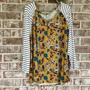 Cato Mustard Yellow Floral Striped Long Sleeved Raglan Blouse